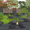 Traditional Courtyard Garden With Rockery Stones Green Plants Pine Tree Lantern And Pebble Path
