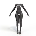Fashionable Black Silver Tight Bodysuit With Long Sleeves And Waist Details
