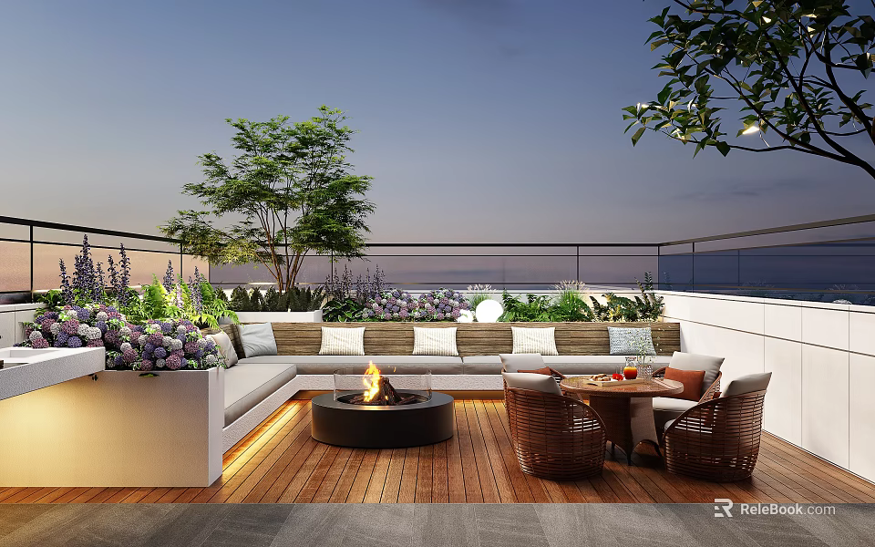 Courtyard Garden Design With Wooden Deck Fire Pit Sofa Seating Lush Plants And Wicker Furniture 3d model 