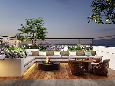 Courtyard Garden Design With Wooden Deck Fire Pit Sofa Seating Lush Plants And Wicker Furniture 3d model
