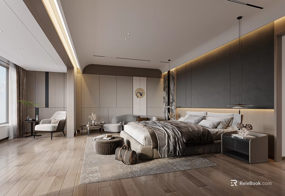 Modern Bedroom Interior With Large Bed Nightstand Area Rug And Pendant Lights 3d model 