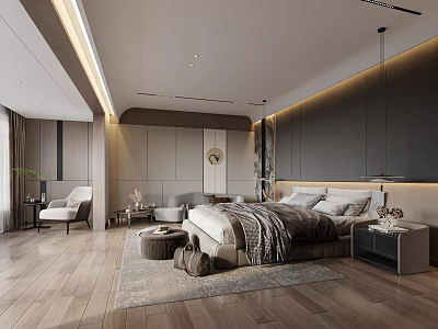 Modern Bedroom Interior With Large Bed Nightstand Area Rug And Pendant Lights 3d model