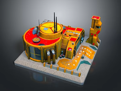 3D Architectural Model Circular Building with Yellow Red Exterior Antennas Adjacent Tower and Platform Base 3d model