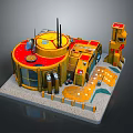 3D Architectural Model Circular Building with Yellow Red Exterior Antennas Adjacent Tower and Platform Base