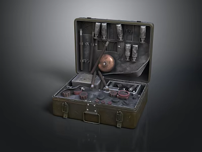 Open Vintage Equipment Case Containing Tools Copper Components and Metal Parts 3d model