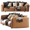 Stylish Brown Leather Double Sofa With Geometric Pillows And Tasseled Throw Blanket 3d model