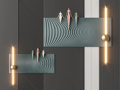 Stylish Wall Decor With Wave Pattern Small Green Pink Figures And Wall Mounted Lights 3d model