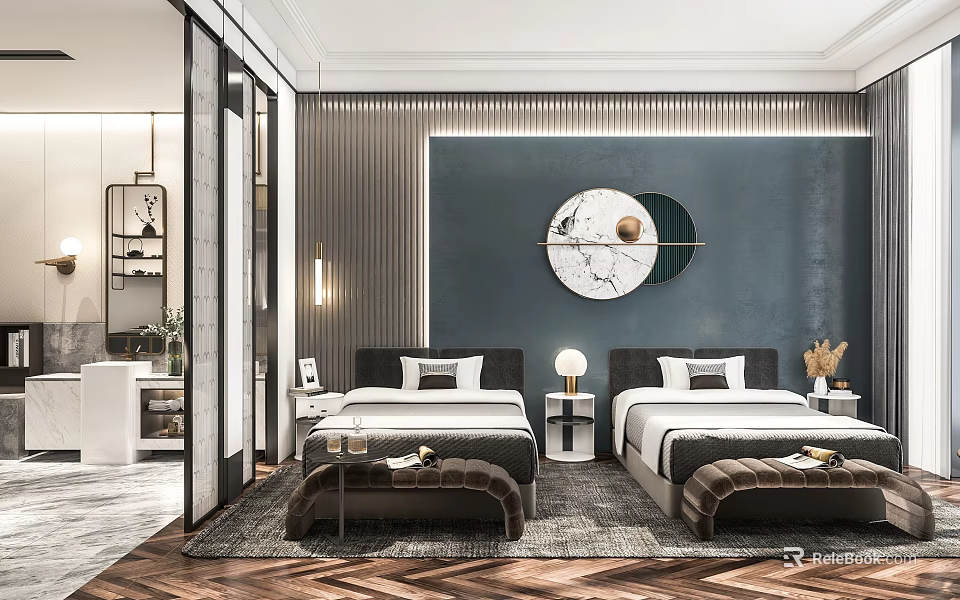 Hotel Room Interior With Twin Beds Blue Walls And Circular Decorative Painting 3d model 