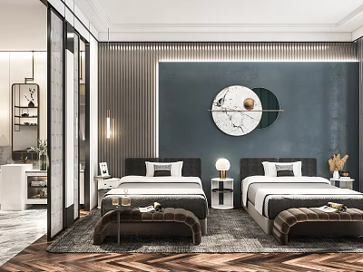 Hotel Room Interior With Twin Beds Blue Walls And Circular Decorative Painting 3d model