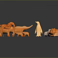 Orange Carved Animal and Vehicle Sculptures Dinosaur Penguin Car on Black Background with Reflections