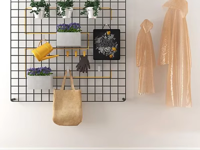 Stylish Wall Cabinet with Green Plants Decorative Painting Tote Bag and Coats in Grid Design 3d model