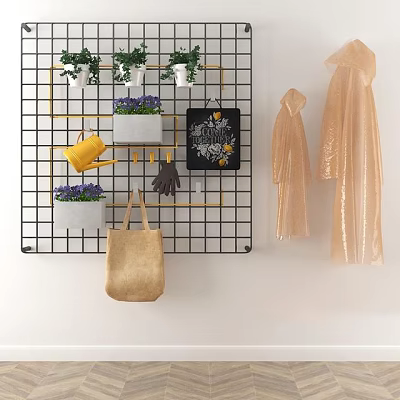 Stylish Wall Cabinet with Green Plants Decorative Painting Tote Bag and Coats in Grid Design 3d model