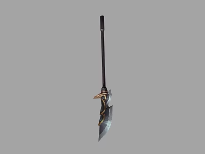 Long Handled Battle Axe With Decorative Black Shaft And Ornate Gold Blade Details 3d model