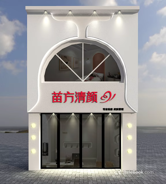 Elegant White Arched Beauty Skincare Storefront with Red Signboard and Decorative Lights 3d model 
