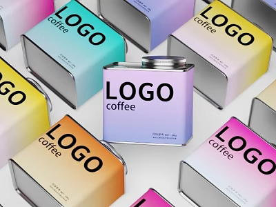 Colorful Gradient Coffee Tins With LOGO Coffee Label Arranged In 3d model