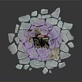 Magical Scene With Ancient Book On Pedestal Floating Papers Purple Aura And Broken Stone Floor