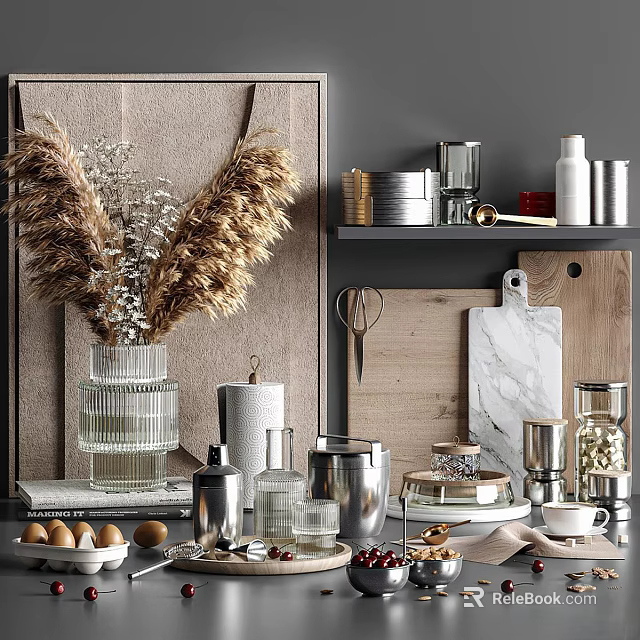 Decorative Ornament Set With Dried Pampas Grass Glass Vase Metal Containers Wooden And Marble Boards 3d model 