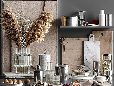 Decorative Ornament Set With Dried Pampas Grass Glass Vase Metal Containers Wooden And Marble Boards 3d model