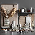 Decorative Ornament Set With Dried Pampas Grass Glass Vase Metal Containers Wooden And Marble Boards