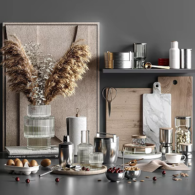 Decorative Ornament Set With Dried Pampas Grass Glass Vase Metal Containers Wooden And Marble Boards 3d model