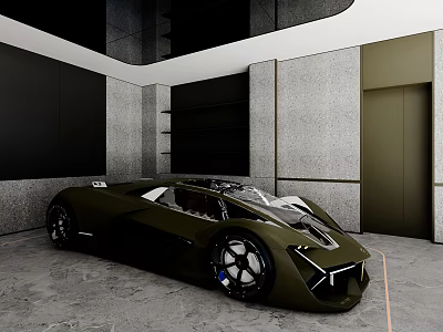 Olive Green Sports Car With Sleek Design In Modern Interior Space And Unique Wheels 3d model