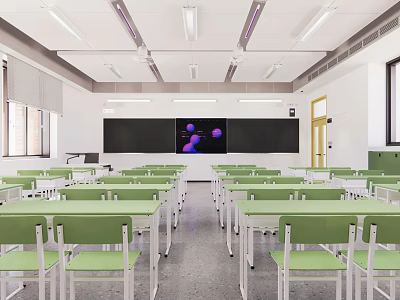 Bright School Classroom With Green Desks Chairs And Blackboard Purple Graphics 3d model