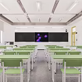 Bright School Classroom With Green Desks Chairs And Blackboard Purple Graphics