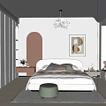 Cozy Modern Bedroom Interior With Bed Pillows Green Ottoman Wooden Floor Chandelier And Decorative Painting