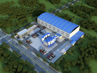 Industrial Factory With Blue Roof Green Surroundings Spacious Parking Trucks And Silos 3d model