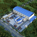 Industrial Factory With Blue Roof Green Surroundings Spacious Parking Trucks And Silos