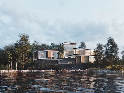 Modern Lakeside Villa Architecture With Glass Facade Surrounded By Trees And Waterfront View 3d model