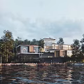 Modern Lakeside Villa Architecture With Glass Facade Surrounded By Trees And Waterfront View