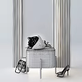Gray Sofa Stool With Decorative Bag And Flowers Near Wooden Striped Mirror
