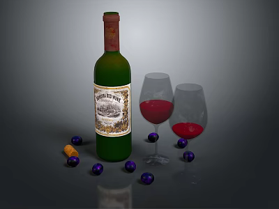 Essential Wine Accessories For Home Use With Bottle Glasses Grapes And Corkscrew 3d model