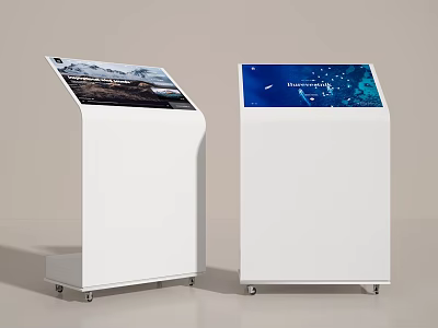 Commercial Digital Signage Stands with White Enclosure Mobile Wheels and Interactive Screens 3d model