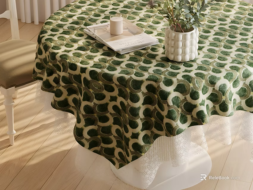 Round Dining Table with Green White Polka Dot Tablecloth White Vase Plants Tray and Candle 3d model 