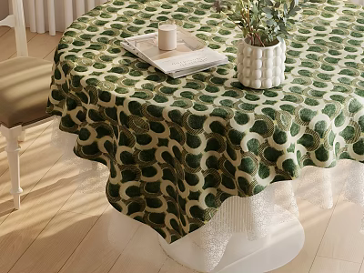 Round Dining Table with Green White Polka Dot Tablecloth White Vase Plants Tray and Candle 3d model