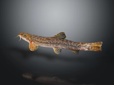 Brownish Patterned Fish With Slender Body Barbels And Yellowish Fins Swimming Isolated On Dark Background 3d model