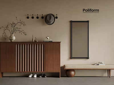 Poliform Wooden Shoe Cabinet With Wall Hooks Mirror Bench Shoes Hat And Decorative Vase 3d model