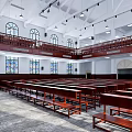 Religious Church Interior Featuring Wooden Pews Stained Glass Windows Two Level Balconies And Chandeliers