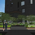 Modern Garden Landscape Design With Trees Shrubs Lawn And Building Steps