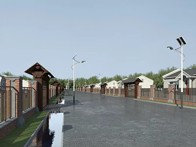 Traditional Residential Building Exterior Walls With Street Lamps Greenery And Water Pond Along Road 3d model