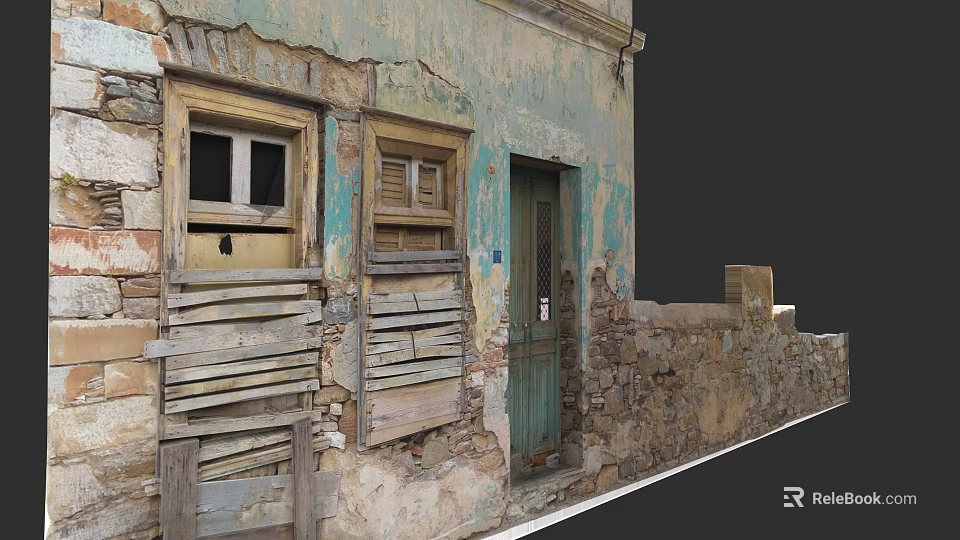 Garden Landscape With Old Building Weathered Walls Wooden Windows And Green Door 3d model 