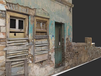 Garden Landscape With Old Building Weathered Walls Wooden Windows And Green Door 3d model