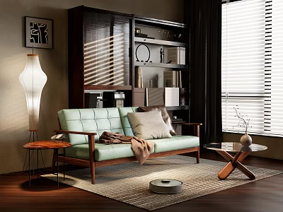 Cozy Living Room Interior with Light Green Sofa Floor Lamp Wooden Cabinet and Window Blinds 3d model