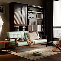 Cozy Living Room Interior with Light Green Sofa Floor Lamp Wooden Cabinet and Window Blinds