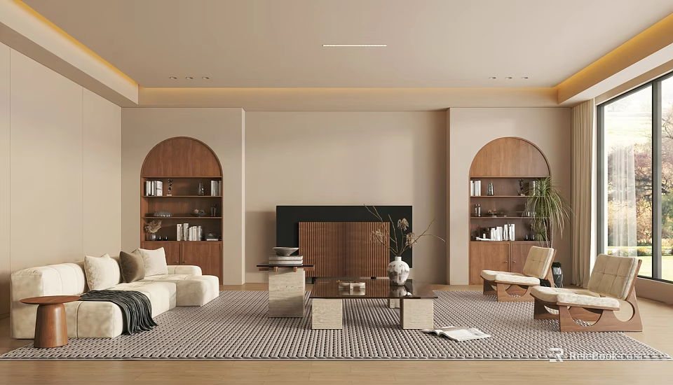 Modern Living Room Interior With Arch Bookshelves Fireplace Beige Sofa And Area Rug 3d model 