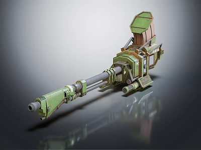 Green and Brown Mechanical Cannon with Long Barrel Metal Parts and Upper Structure 3d model