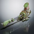 Green and Brown Mechanical Cannon with Long Barrel Metal Parts and Upper Structure