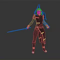 Woman Wearing Black Outfit With Gold Accents Holding Blue Glowing Sword And White Hair